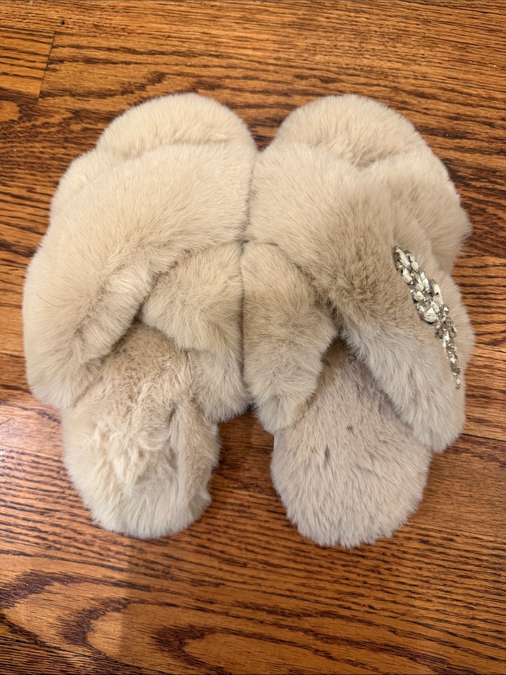 Express Beige Faux Fur Crystal-Embellished Slide Slippers